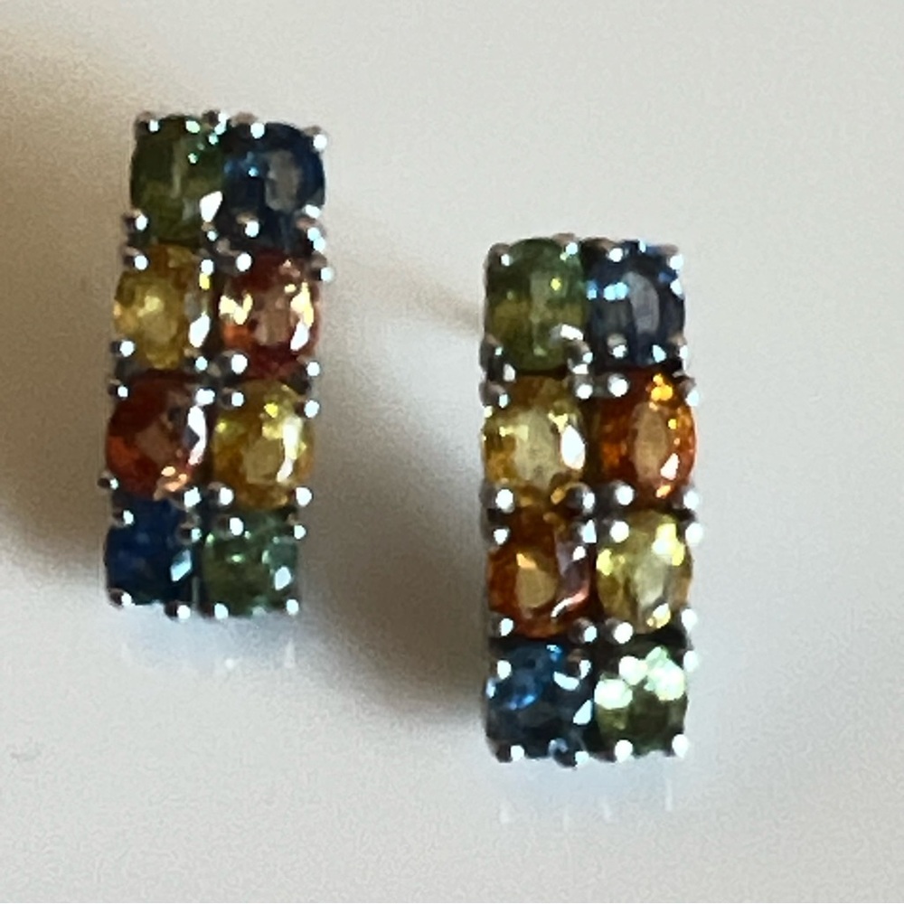 Rainbow Sapphire Huggie Earrings 925 Sterling Silver Multi-Color Gemstone Hoops - Picture 4 of 9